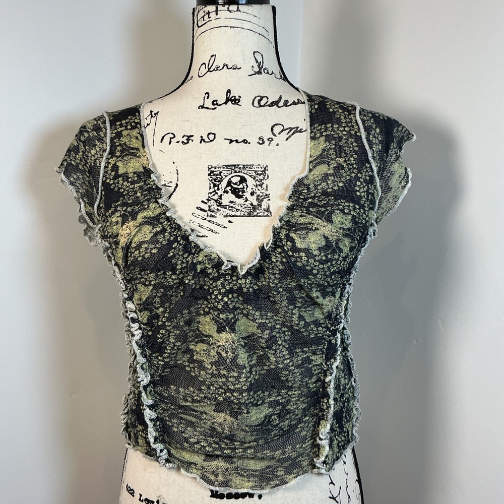 Free People Black and Green Short Sleeve Top